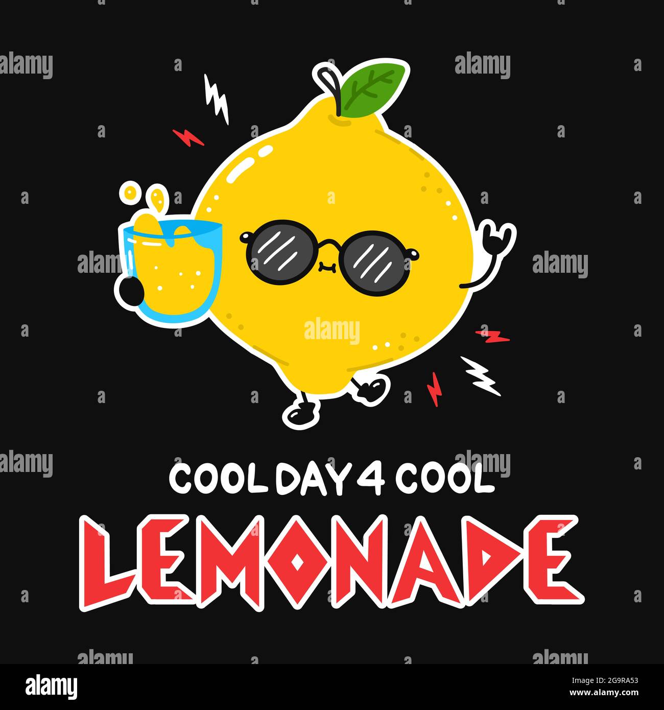 Carino limone con vetro limonata in occhiali da sole. Cool giorno per fresco limonata slogan citazione poster. Illustrazione dei caratteri vettoriali del cartone animato. Poster, cartoncino, t-shirt con stampa rock duro, punk, metallo pesante Illustrazione Vettoriale