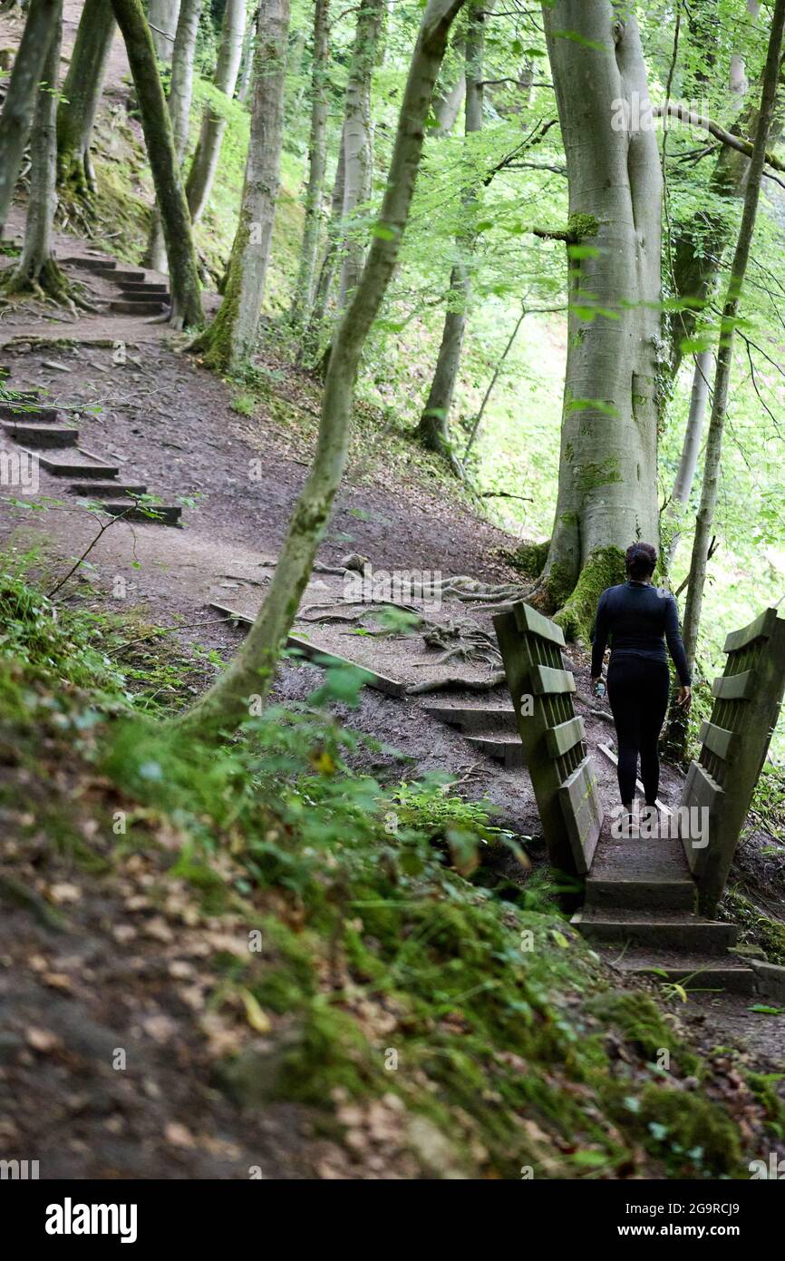 Una donna nera che salirà lunghi passi su un'escursione nei boschi Foto Stock