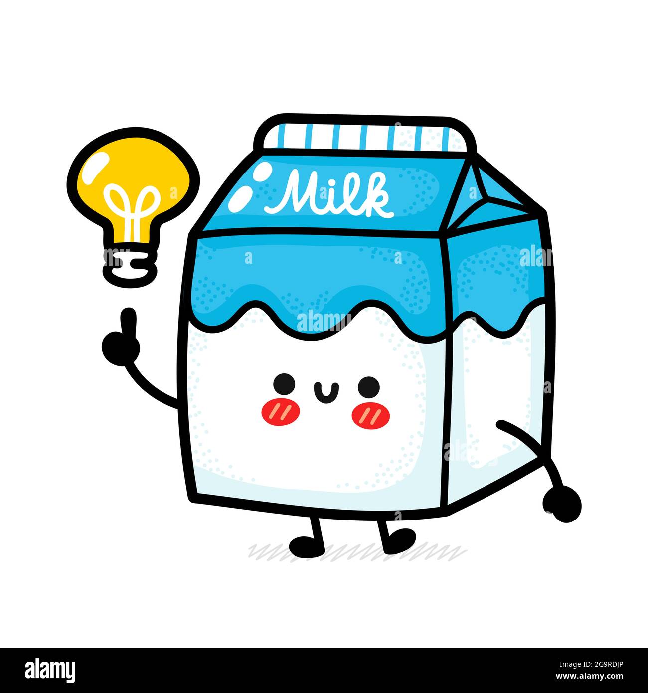 Carino divertente scatola del latte con lampada a lampadina idea. Icona raffigurante il carattere kawaii del fumetto disegnato a mano del vettore. Isolato su sfondo bianco. Latticini scatola doodle cartone animato sorriso concetto di carattere felice Illustrazione Vettoriale