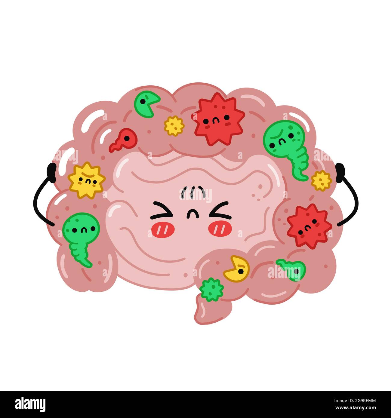 Carino divertente organo intestinale con batterie cattive, microflora. Vettore disegno a mano cartoon kawaii personaggio illustrazione. Isolato su sfondo bianco. Concetto di carattere intestinale, microflora, probiotici Illustrazione Vettoriale