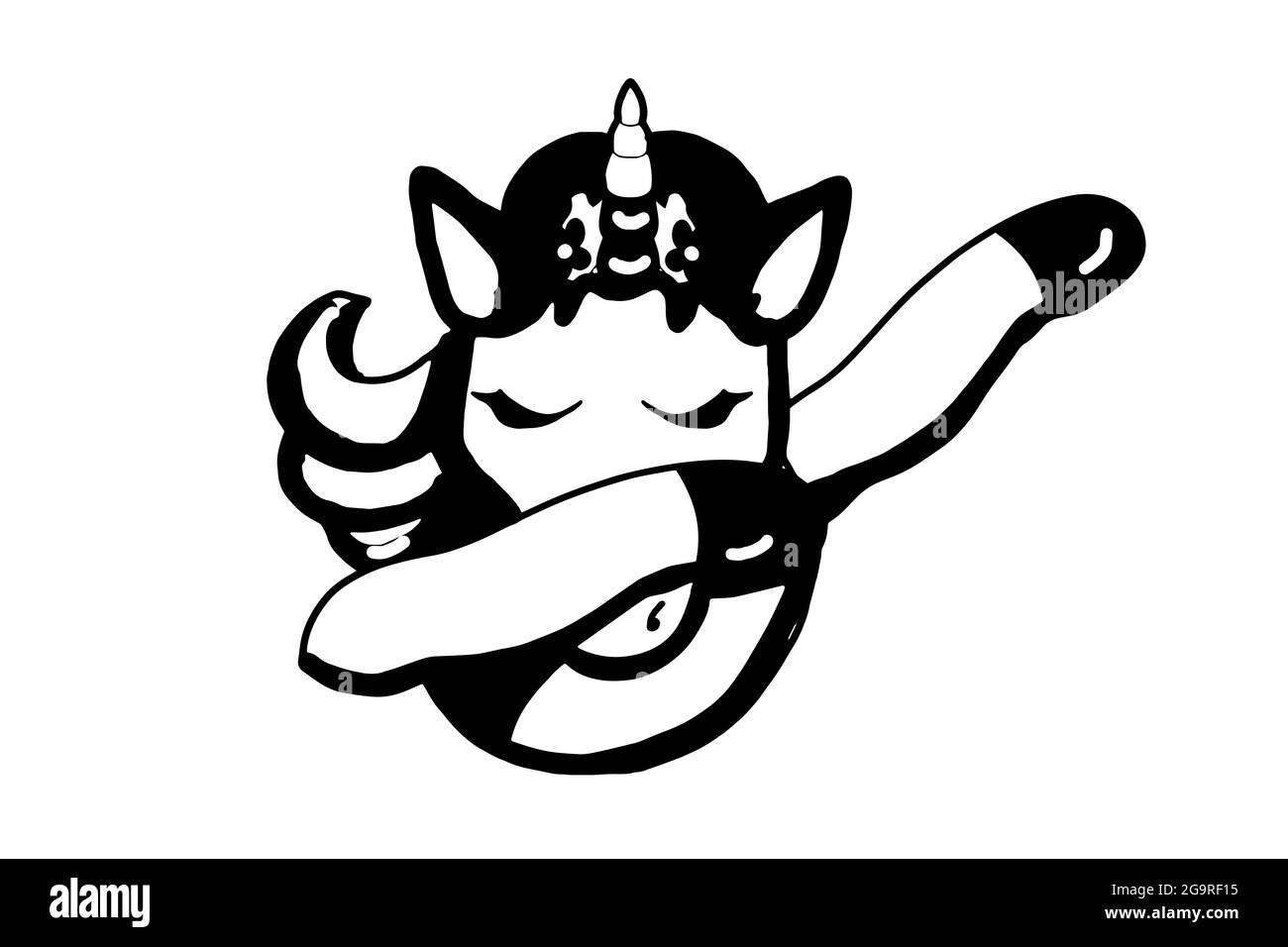 Carino, personaggi cartoni animati, unicorno che fanno posa dap, illustrazione colore bianco nero Foto Stock