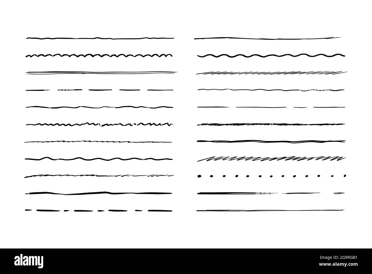 Linea di forma ruvida disegnata a mano. Tracciare lo stile del tratto a matita. Onda orizzontale e linea di doodle a zigzag. Illustrazione vettoriale per bordo, cornice. Illustrazione Vettoriale