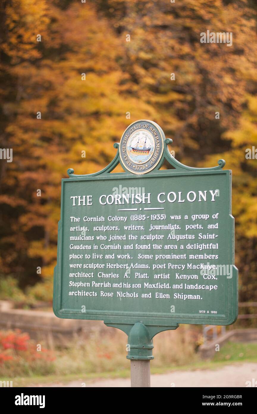 Segno storico per la colonia della Cornovaglia, Cornovaglia, New Hampshire, Stati Uniti Foto Stock