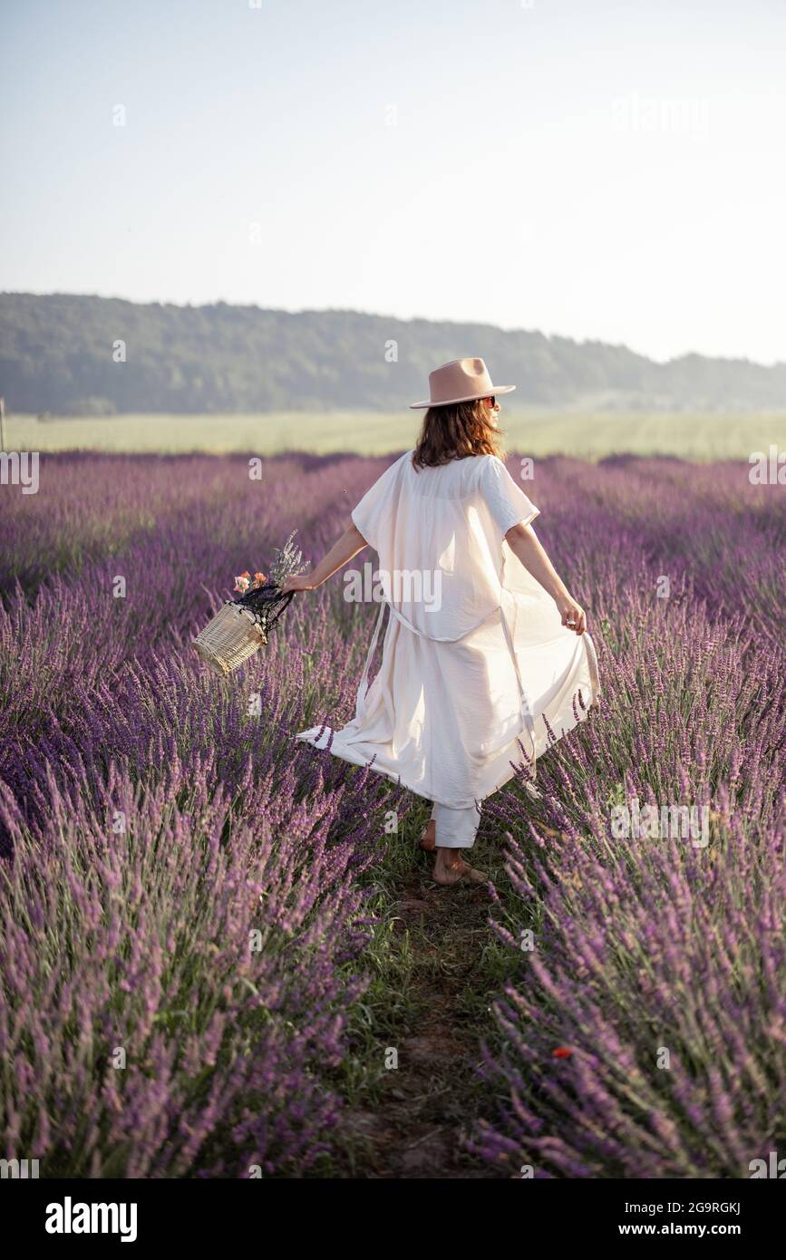 Giovane donna che cammina sul campo di lavanda con bouquet di fiori viola e godere della bellezza della natura. Calma e concetto di consapevolezza. Spazio di copia Foto Stock