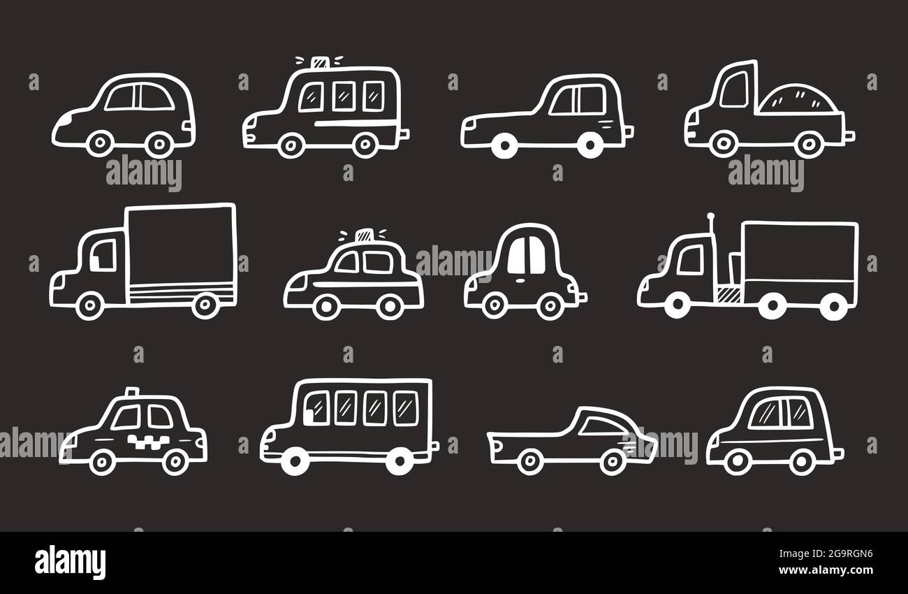 Set auto Doodle. Divertente schizzo stile scrimolo. Illustrazione vettoriale dell'auto giocattolo disegnata a mano. Illustrazione Vettoriale