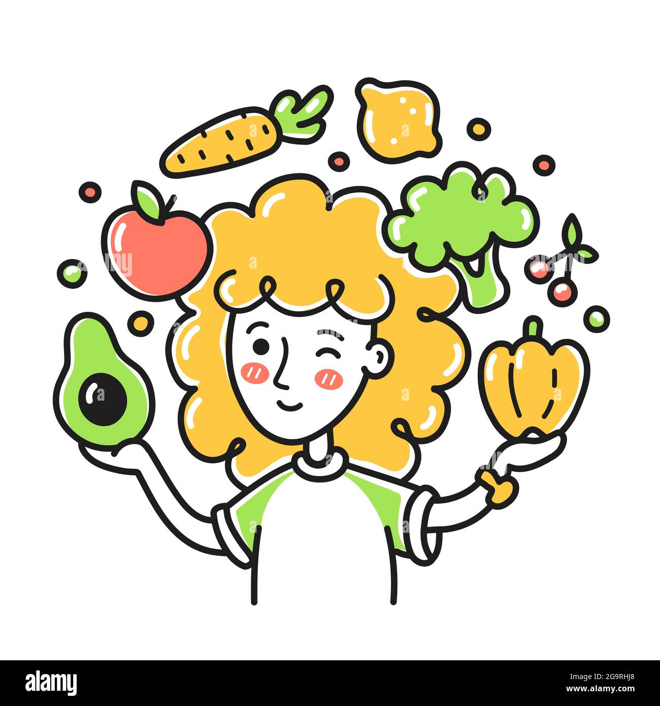 Giovane donna che giocola frutta e verdura. Illustrazione del personaggio vettoriale doodle cartoon. Isolato su sfondo bianco. Donna ragazza sulla dieta, cibo sano di verdure, vegan, vegetariano doodle concetto Illustrazione Vettoriale