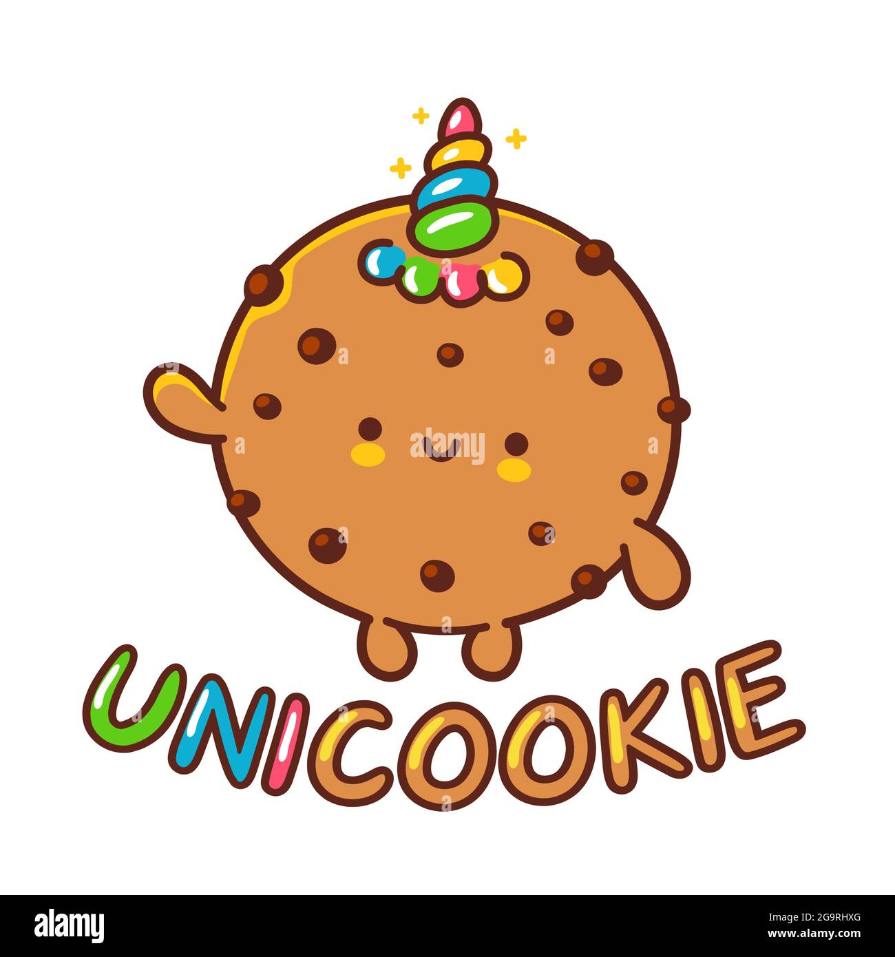 Carino biscotto divertente con unicorn tromba personaggio salto. Vettore piatto cartoon kawaii personaggio illustrazione . Isolato su sfondo bianco.Magic cookie, unicookie cartoon stampa per poster, t-shirt Illustrazione Vettoriale