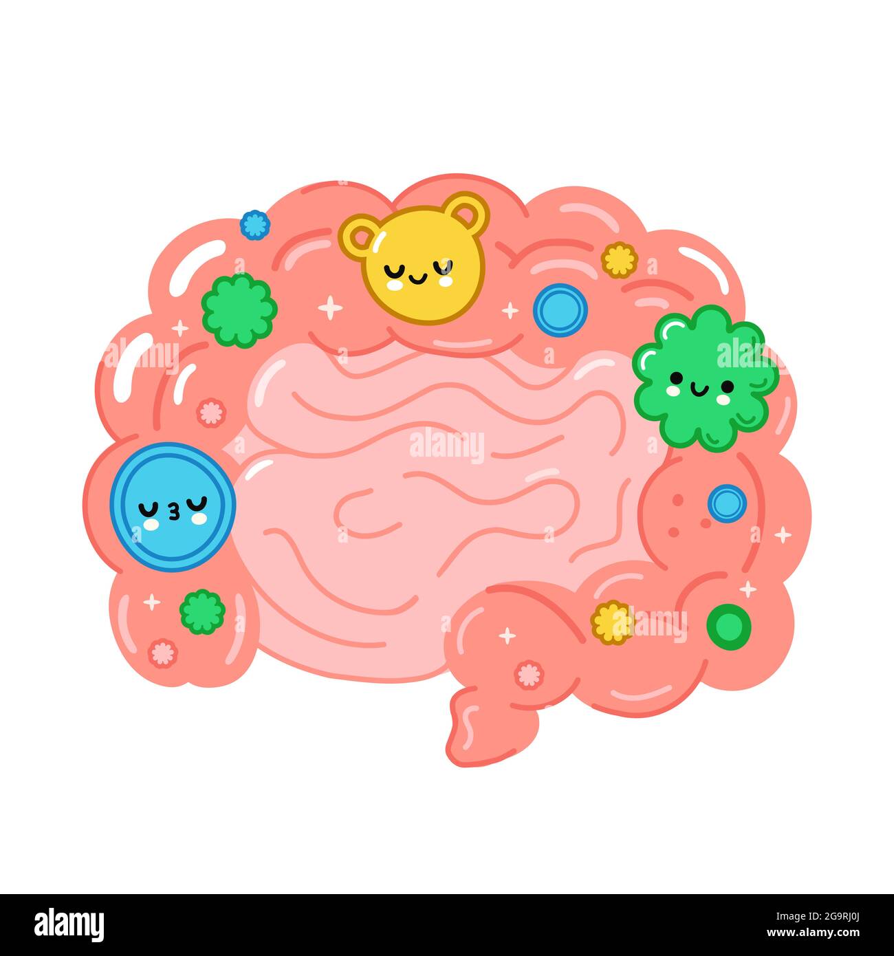 Organo intestinale sano con buone batterie, microflora. Illustrazione cartoon disegnata a mano dal vettore. Isolato su sfondo bianco. Concetto di carattere intestinale, microflora, probiotici Illustrazione Vettoriale