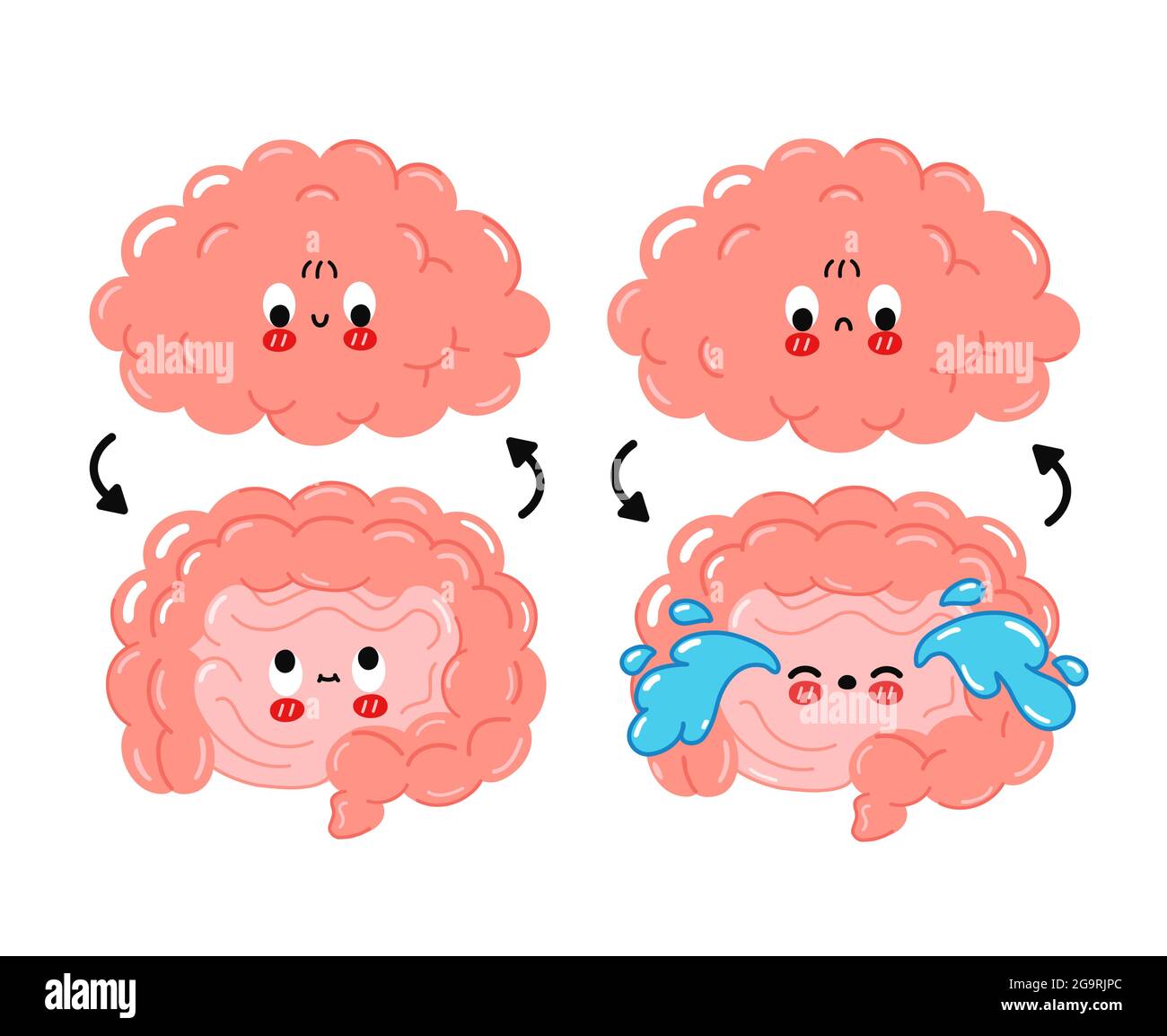 Carino divertente felice, triste intestino umano, connessione cervello.Vector cartoon kawaii illustrazione carattere icon.Isolated su sfondo bianco.Brain, intestini partner, nervi cartone animato doodle concetto di carattere Illustrazione Vettoriale