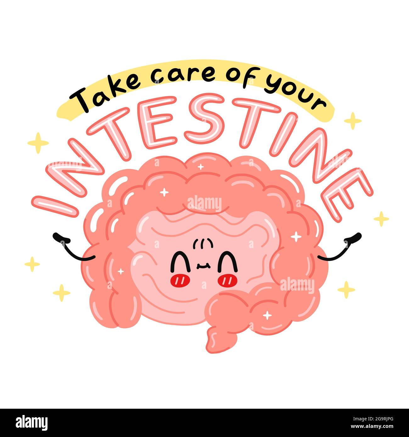 Carino divertente intestino organo carattere. Si prenda cura del vostro slogan di citazione dell'intestino. Icona grafica vettoriale kawaii. Isolato su sfondo bianco. Organo umano, concetto di carattere cartoon Illustrazione Vettoriale