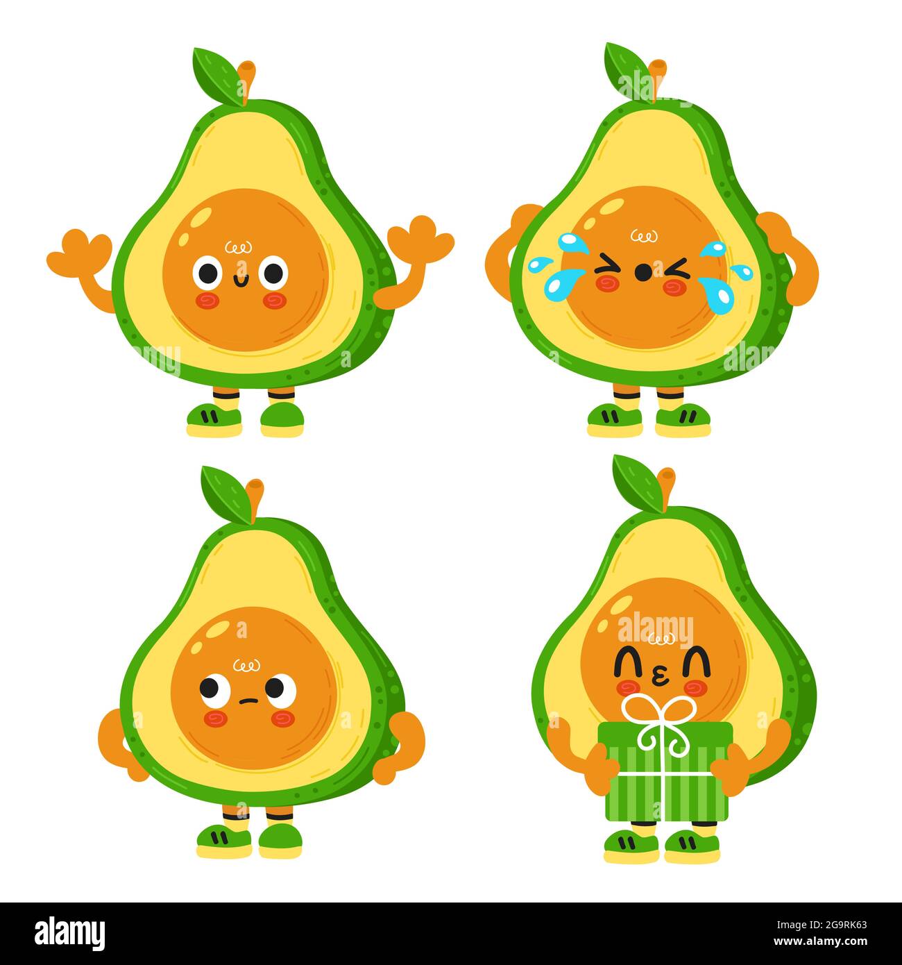 Carino avocado divertente con il viso del bambino. Vettore cartoon kawaii personaggio illustrazione bambini emoji icona. Isolato su sfondo bianco. Poster per bambini avocado, cartoni animati concetto di carattere Illustrazione Vettoriale