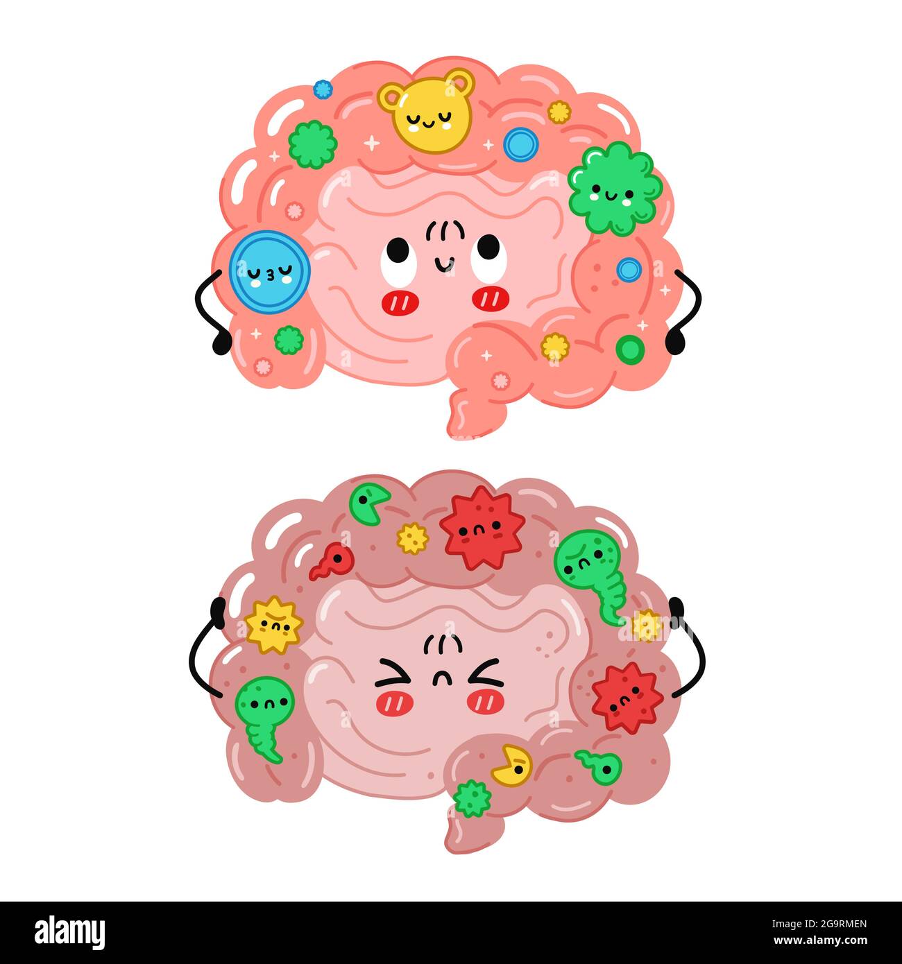 Carino divertente intestino organo carattere. Microflora sana e malsana, batterie buone e cattive nel concetto di intestino. Icona grafica vettoriale kawaii. Isolato su sfondo bianco Illustrazione Vettoriale