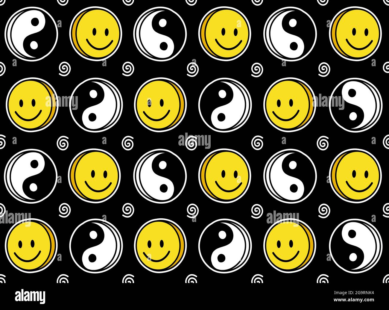 Divertente sorriso cute viso e Yin Yang modello senza cuciture. Vettore doodle cartoon kawaii personaggio illustrazione icona disegno. Facce sorridenti positive, Yin Yang, alto, trip, concetto di schema continuo di cartone animato techno Illustrazione Vettoriale
