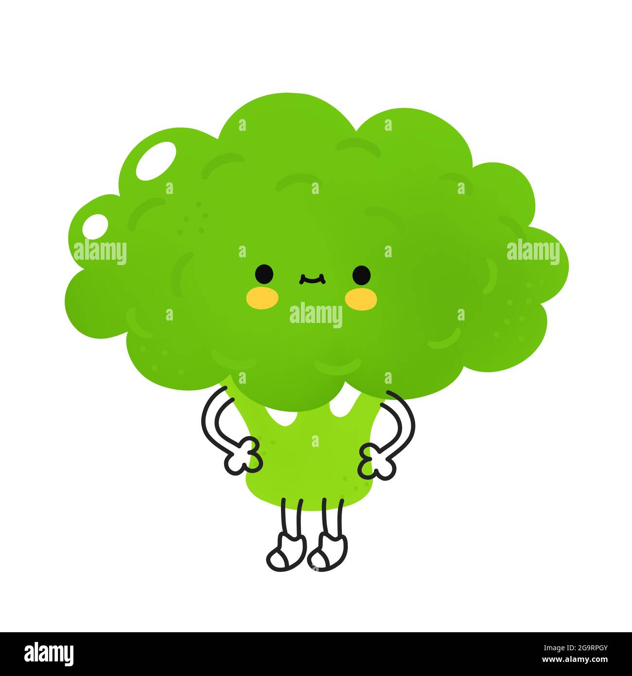 Carino divertente broccoli verdure con viso. Cartoon vettoriale kawaii doodle icona di illustrazione del personaggio. Broccoli verde cartone animato carattere mascotte concetto. Isolato su sfondo bianco Illustrazione Vettoriale