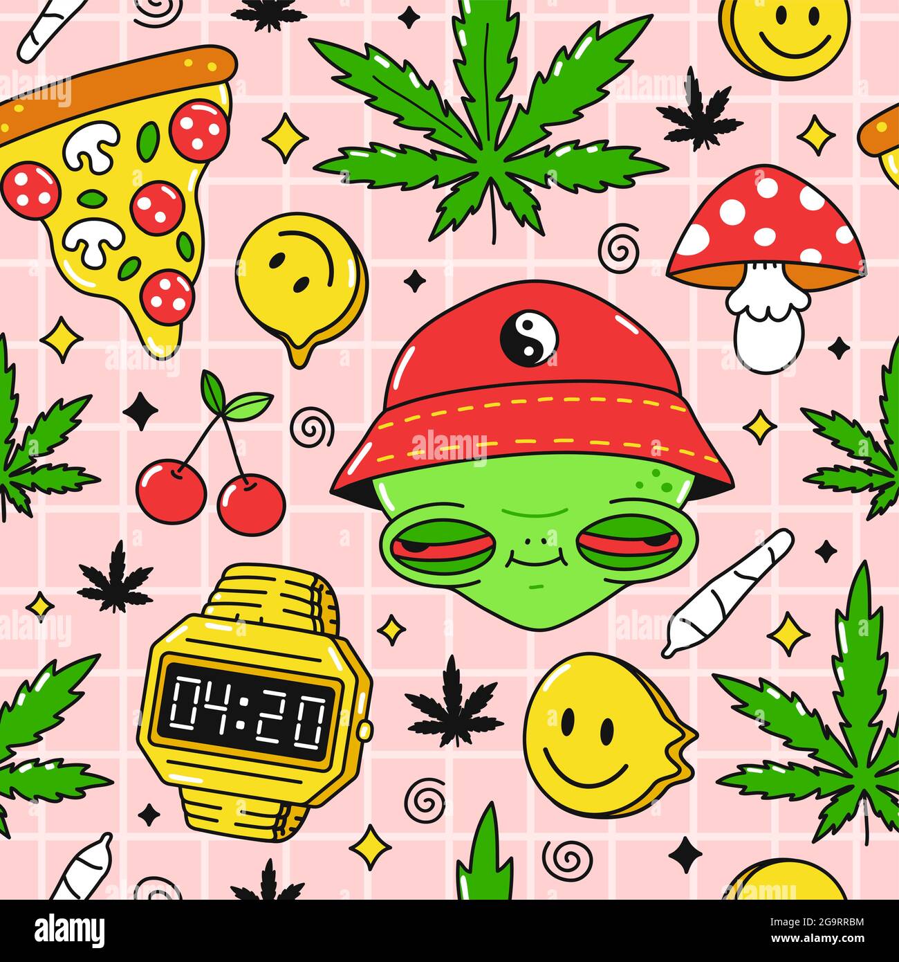 Trippy psichedelico, pizzz 420 modello senza giunture. Alieno con occhi rossi, 4:20 di orologio, erbacce foglie di marijuana. Disegno di illustrazione del carattere del cartone animato vettoriale. Trippy alieno, fungo, cannabis modello art concetto Illustrazione Vettoriale