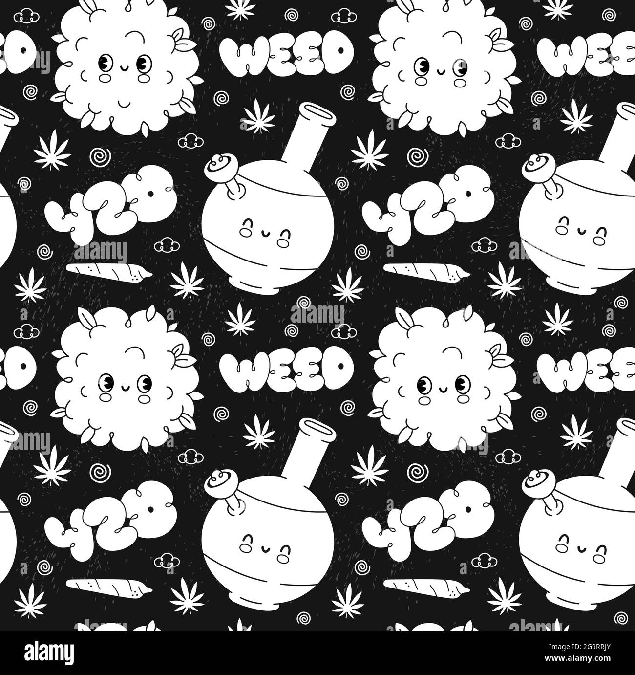 Divertente cute retrò erbacce marijuana vintage senza cuciture modello. Vettore mano doodle disegnata contorno cartoon kawaii personaggio illustrazione. Trippy, WEed, 420 vintage retro cartoon modello senza giunture concetto Illustrazione Vettoriale