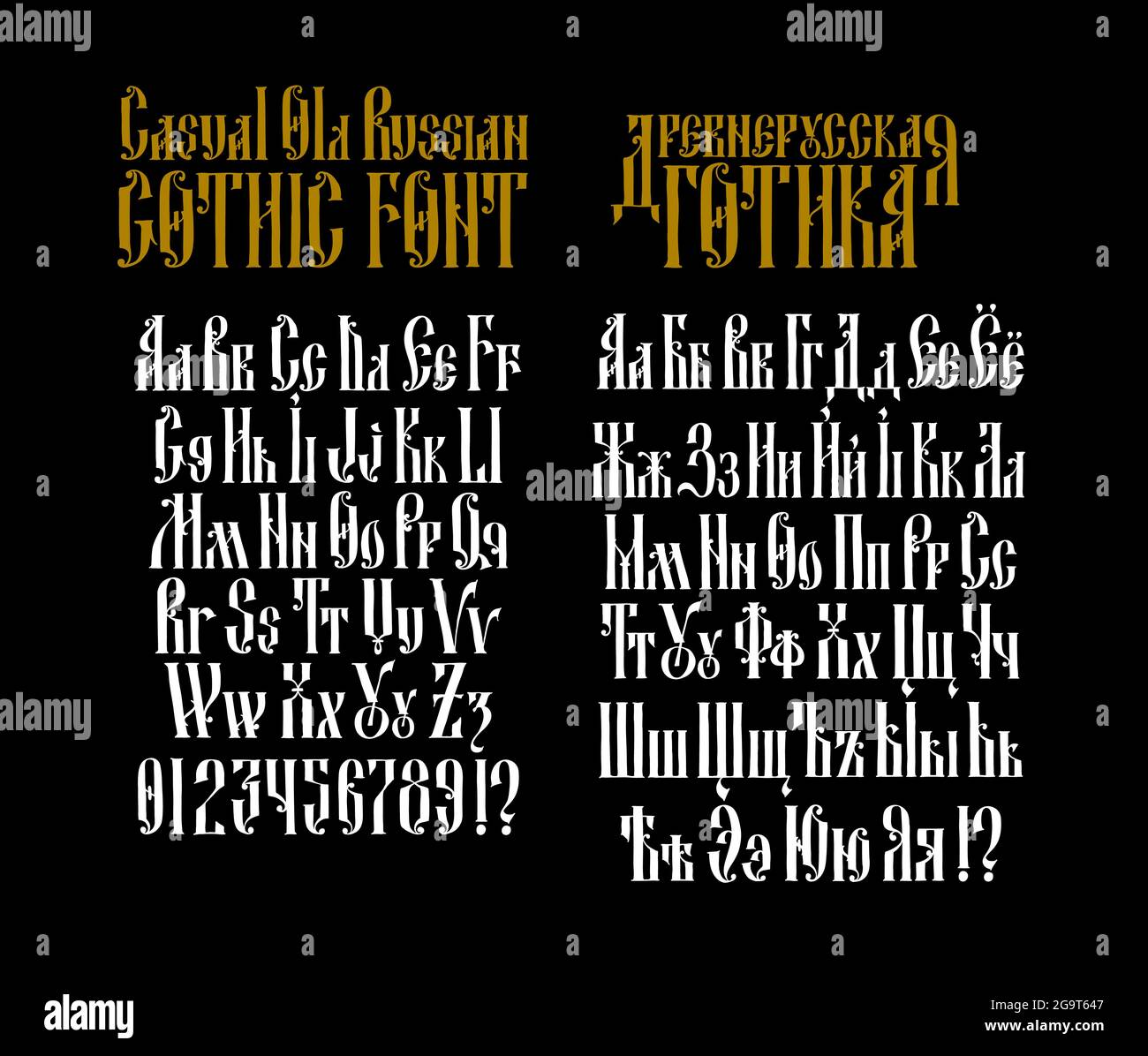 Alfabeto completo del carattere antico gotico russo. Vettore. Lettere latine e cirilliche. Stile neo-russo del 17-19 ° secolo. Stilizzato sotto il GRE Illustrazione Vettoriale
