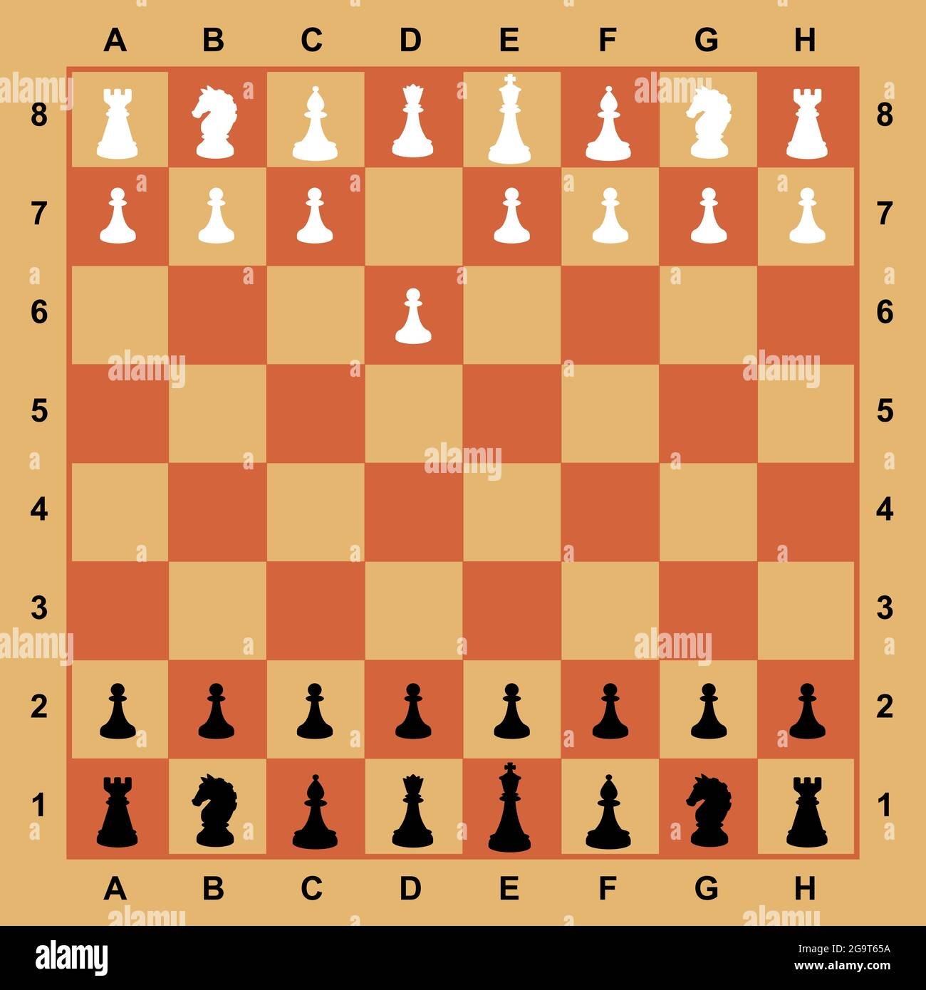 Pezzi di scacchi sulla tavola. Vettore. Set completo pronto per il gioco, applicazione mobile. Demo professionale scacchi. Forme in bianco e nero sulla scacchiera Illustrazione Vettoriale