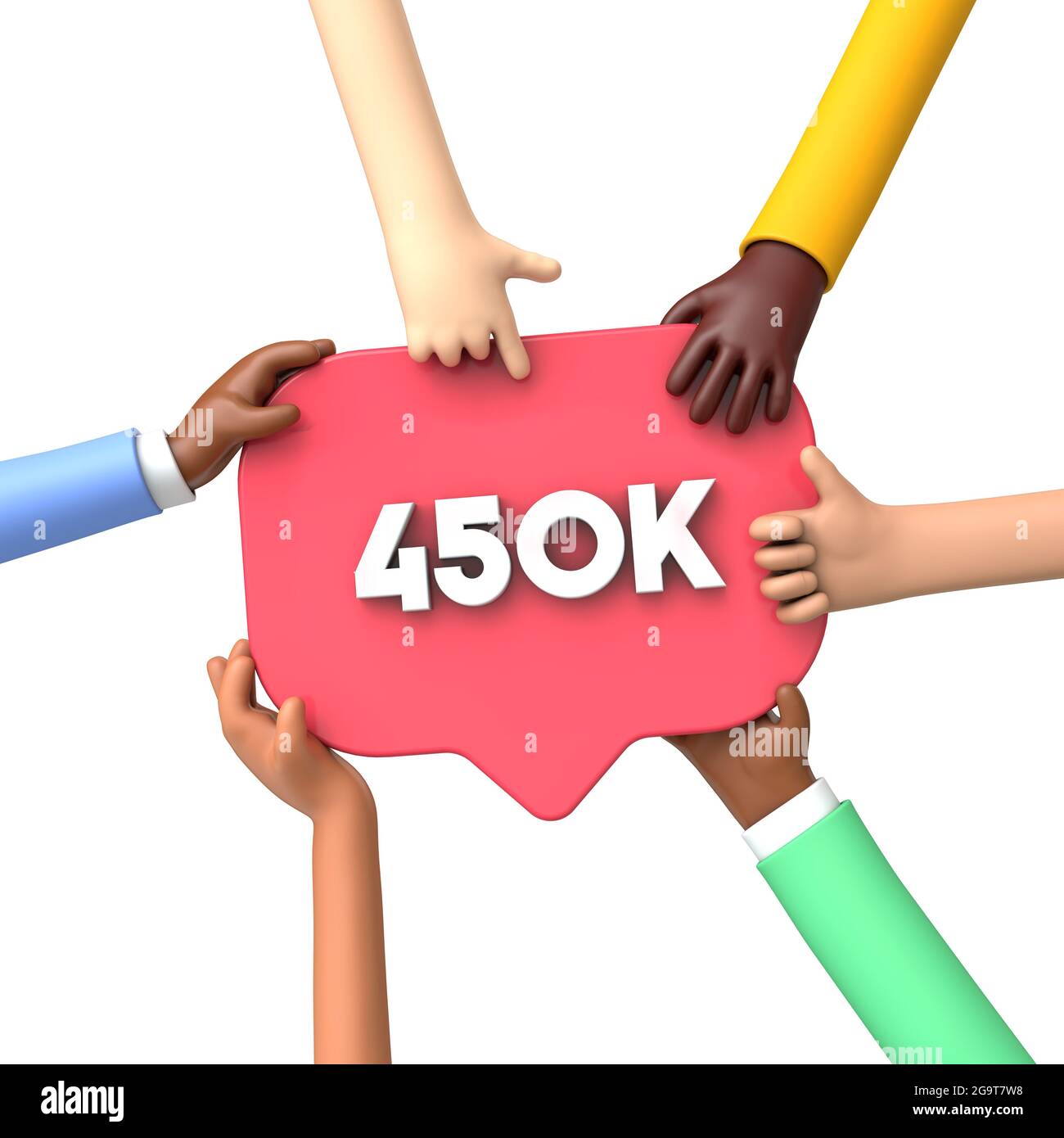 Mani che tengono un'etichetta di banner dei social media 450k. Rendering 3D Foto Stock