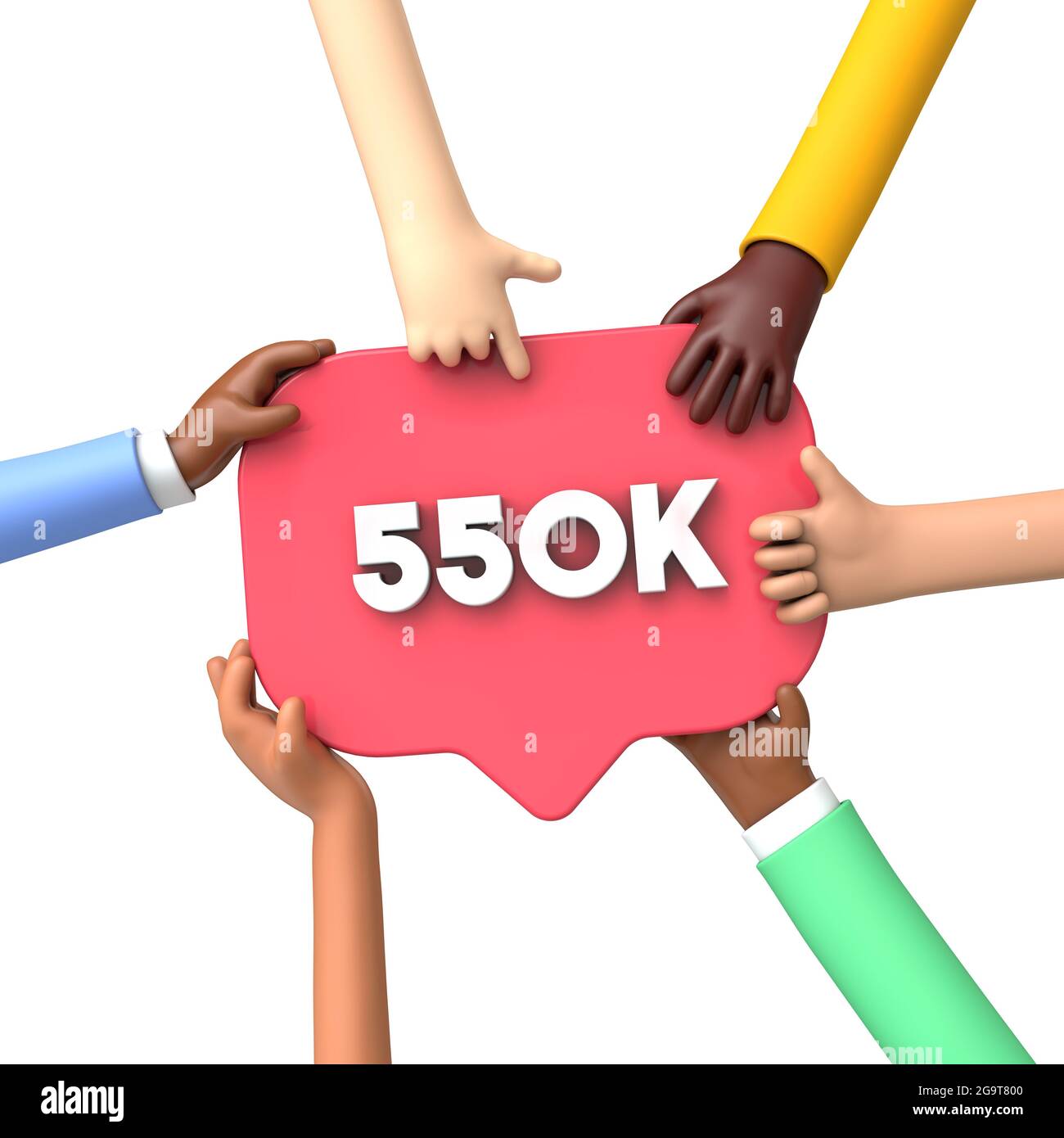 Mani che tengono un'etichetta banner dei social media 550k. Rendering 3D Foto Stock