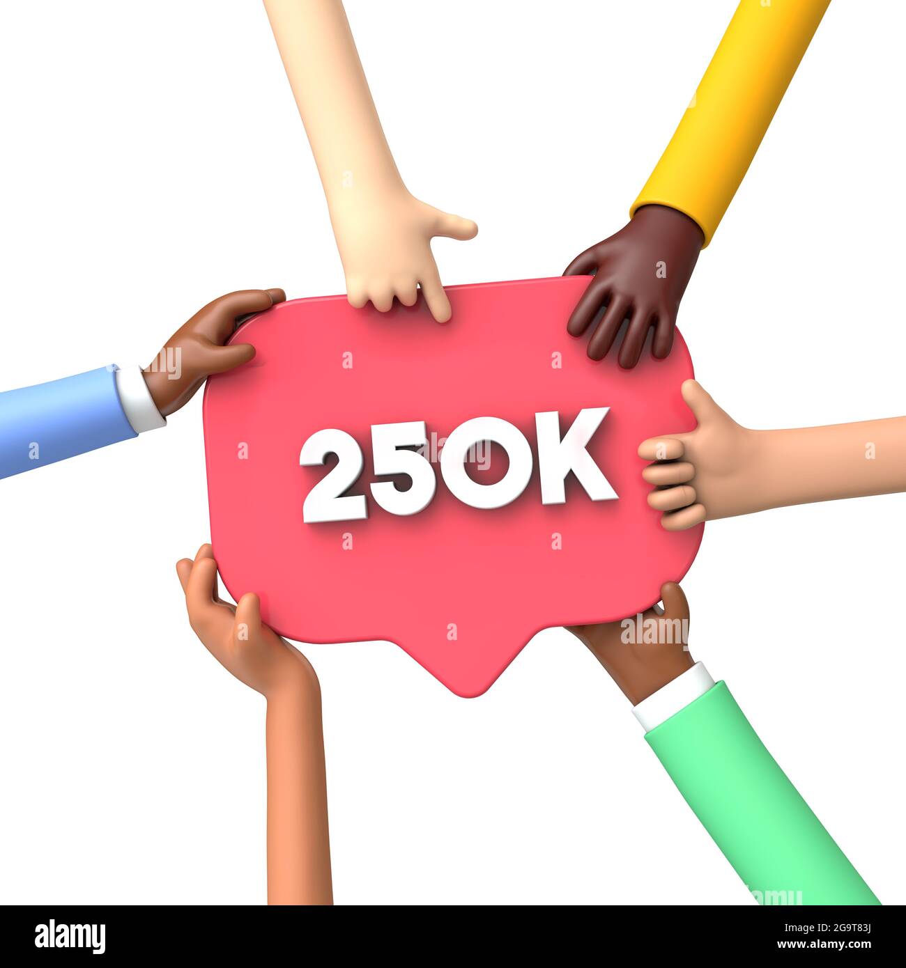 Mani che tengono un'etichetta di banner dei seguaci dei social media 250k. Rendering 3D Foto Stock