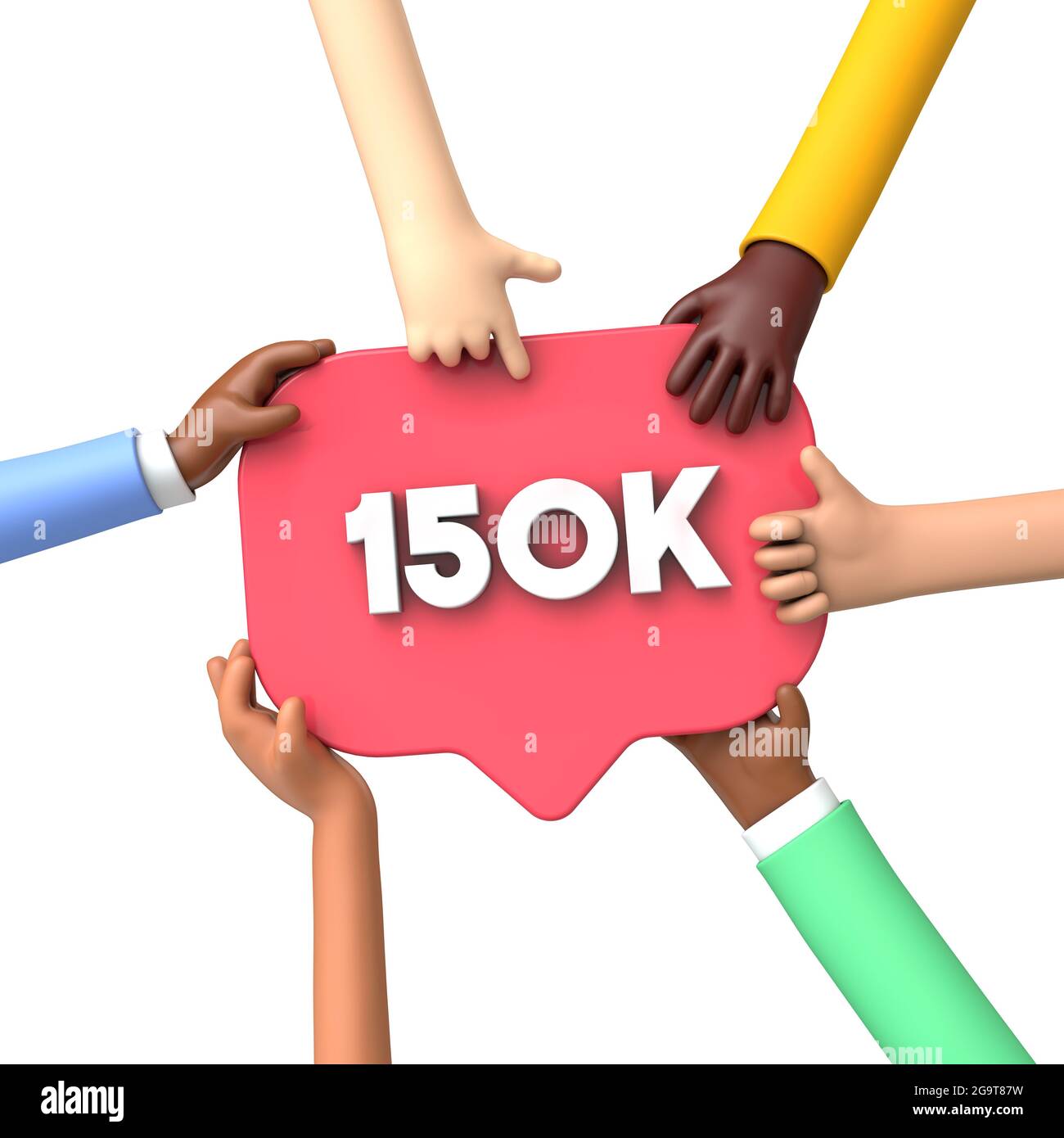 Mani che tengono un'etichetta di banner di 150.000 follower dei social media. Rendering 3D Foto Stock