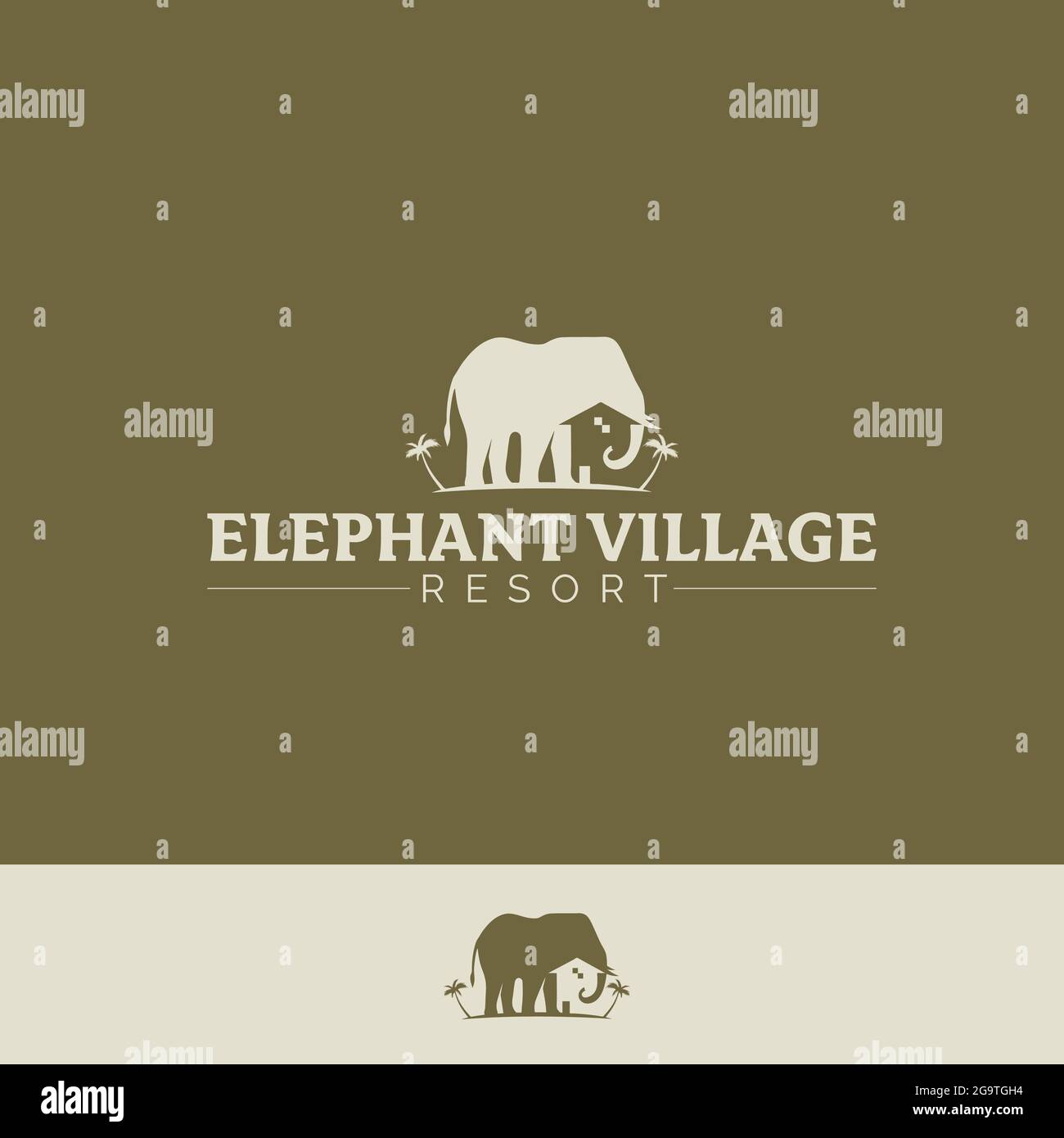 Elephant Village versione 2 vettore simbolo villaggio tropicale e concetto elefante Illustrazione Vettoriale