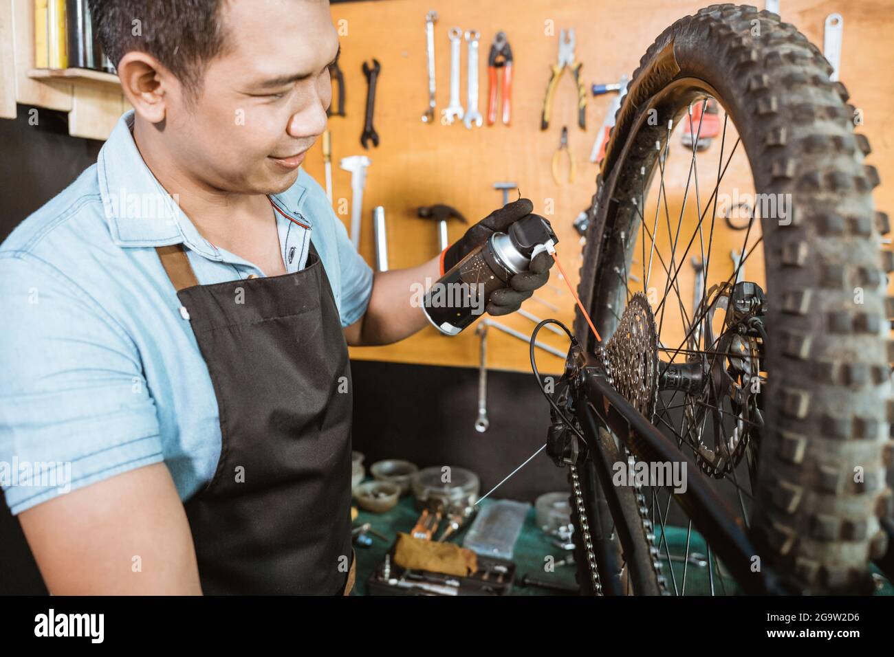 meccanico di bicicletta maschio in grembiule che tiene il flacone durante l'applicazione dello spray lubrificante Foto Stock