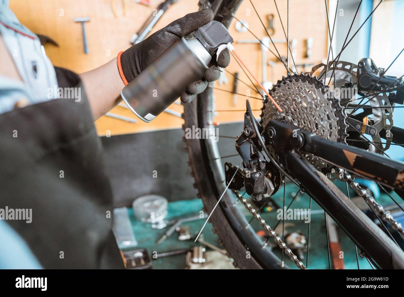 primo piano delle mani del meccanico della bicicletta nei guanti che tengono il flacone mentre si applica lo spray lubrificante Foto Stock