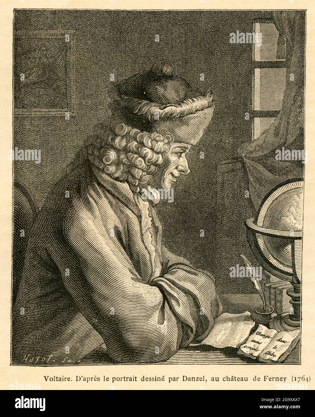 Voltaire, filosofo frech, ritratto, dopo un disegno di Danzer sul castello di Ferney ?, IL DIRITTO D'AUTORE DELL'ARTISTA NON DEVE ESSERE CANCELLATO Foto Stock