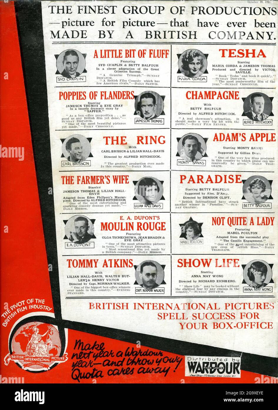 1928 British Trade ad per BRITISH INTERNATIONAL PICTURES (B.I.P.) di cui 3 ALRED HITCHCOCK Silent Films L'ANELLO LA MOGLIE DEL CONTADINO e CHAMPAGNE E.A. IL MOULIN ROUGE DI DUPONT SYD CHAPLIN IN UN PO' DI LANUGINE E ANNA MAY WONG IN SHOW LIFE DIRETTO DA RICHARD EICHBERG Foto Stock