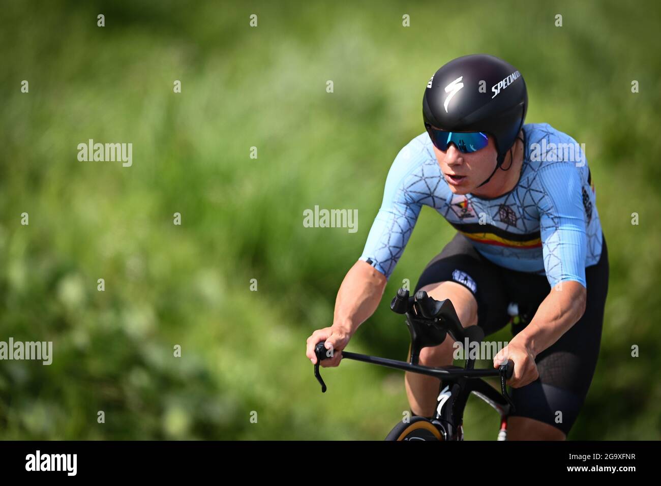 Il belga Remco Evenepoel ha raffigurato in azione durante la prova a tempo  maschile in bicicletta,