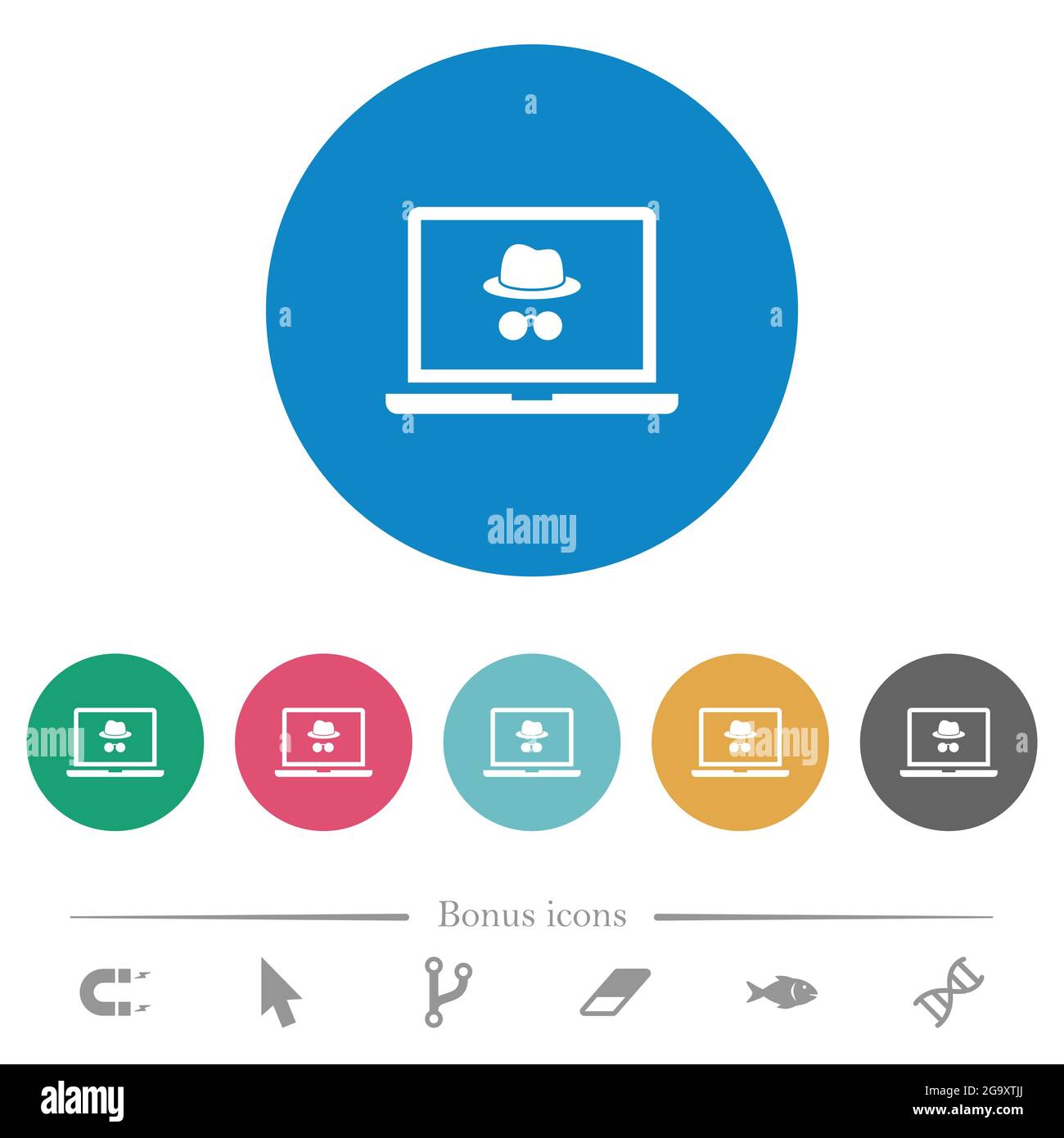 Computer portatile con icone bianche piatte con simbolo in incognito su sfondi rotondi di colore. 6 icone bonus incluse. Illustrazione Vettoriale