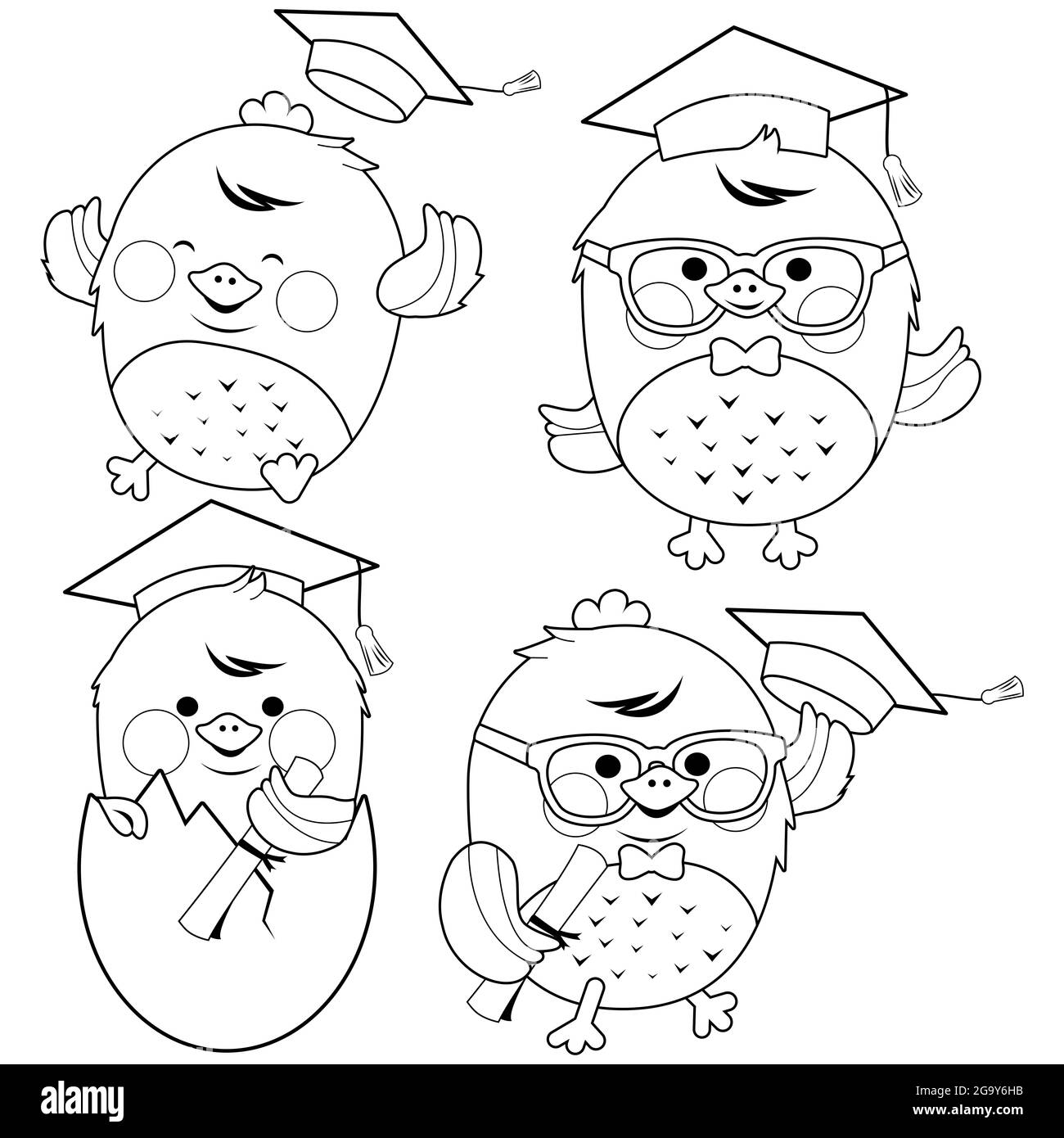 Carino chick studenti con cappelli di laurea. Pagina da colorare in bianco e nero Foto Stock