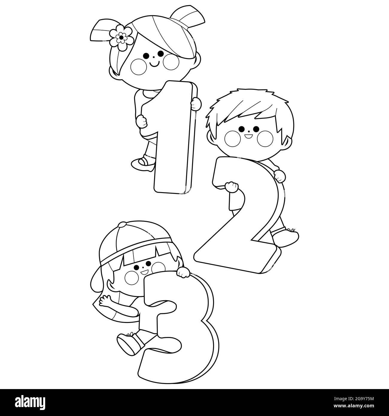 I bambini che detengono numeri di cartoni animati. Pagina da colorare in bianco e nero Foto Stock