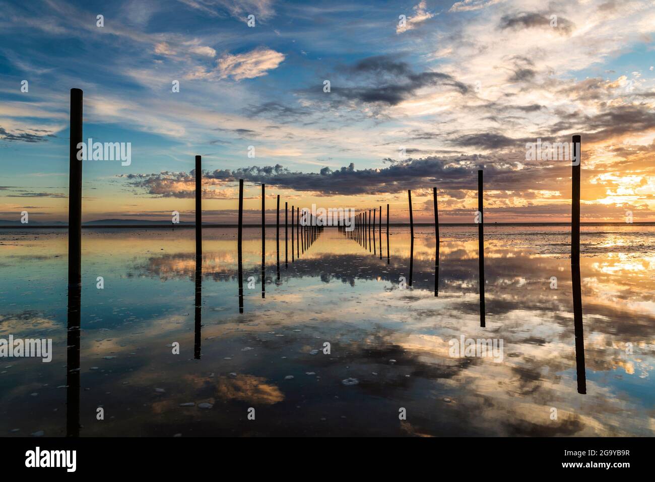 Pali di legno sulla spiaggia al tramonto, Los Lances spiaggia, Tarifa, Cadice, Andalusia, Spagna Foto Stock