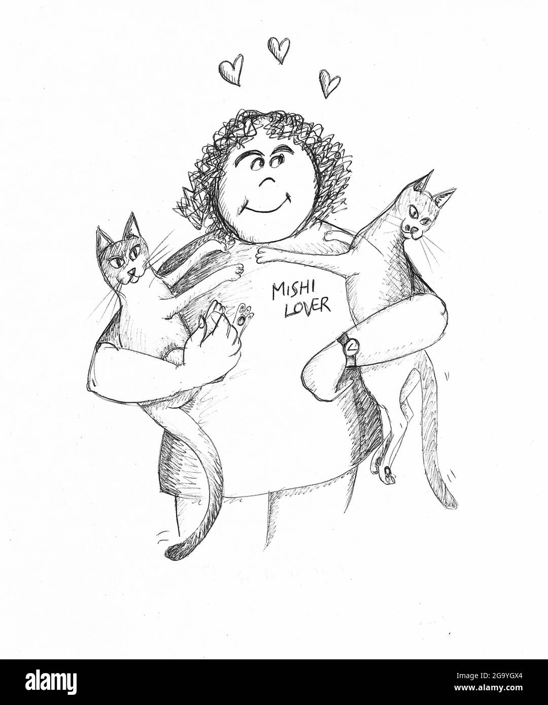 Donna che tiene due gatti. Illustrazione. Foto Stock