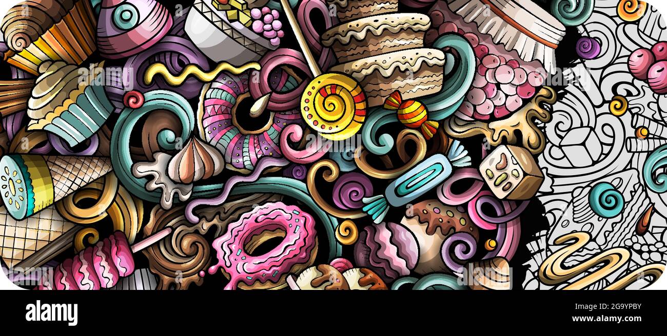 Desserts banner doodle disegnato a mano. Opuscolo dettagliato su Cartoon Vector. Illustrazione Vettoriale