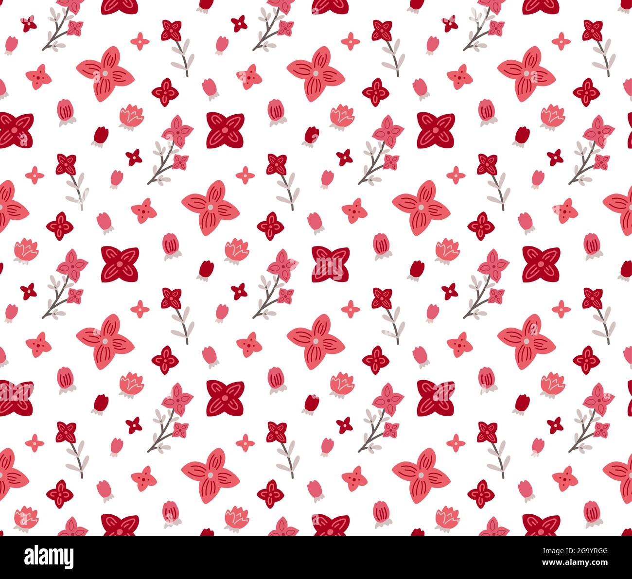 Motivo senza cuciture con piccoli fiori rosa e corallo su sfondo bianco. Texture naturale con gemme sakura. Carta da parati floreale vettoriale. Tessuto delicato w Illustrazione Vettoriale