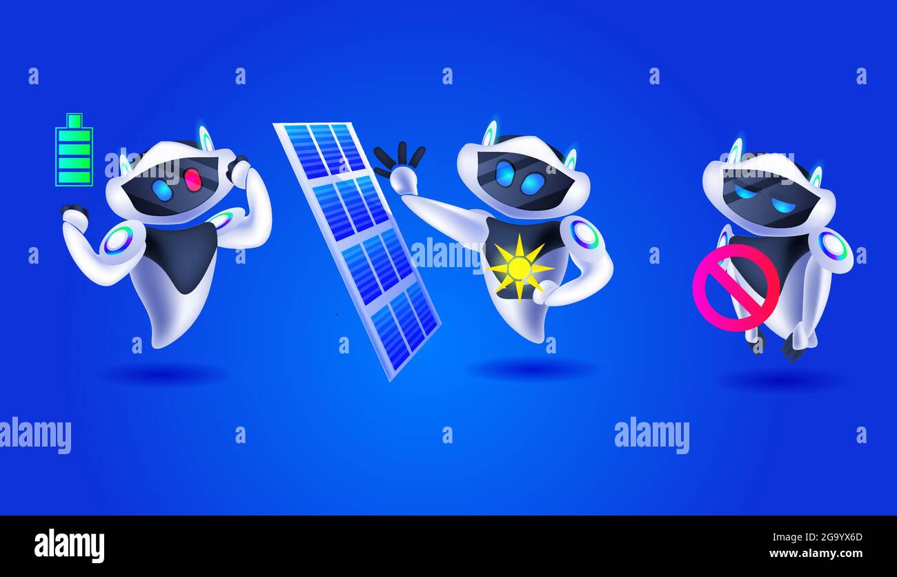 robot carini con pannello solare moderni personaggi robotici team concetto di intelligenza artificiale tecnologia Illustrazione Vettoriale