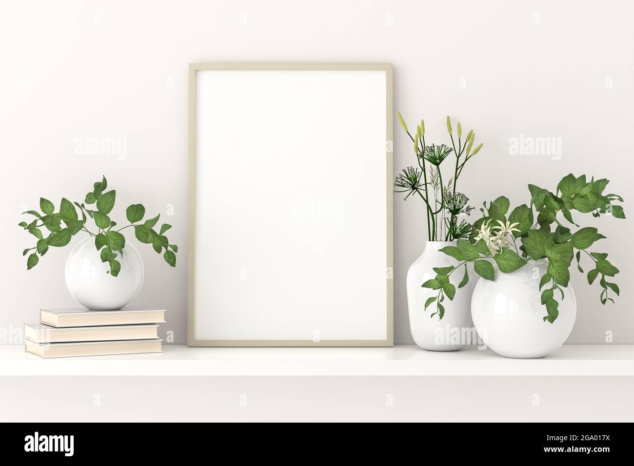 Immagine vuota mockup cornice su uno scaffale con libri e piante in vasi di porcellana. Foto Stock