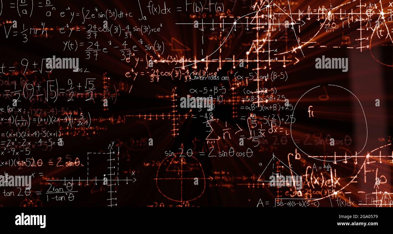 Equazioni matematiche fluttuanti su sfondo nero Foto Stock
