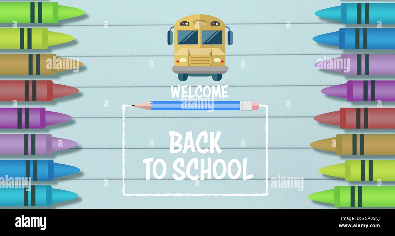 Bentornato nel testo della scuola contro i pastelli multipli e l'icona del bus della scuola Foto Stock