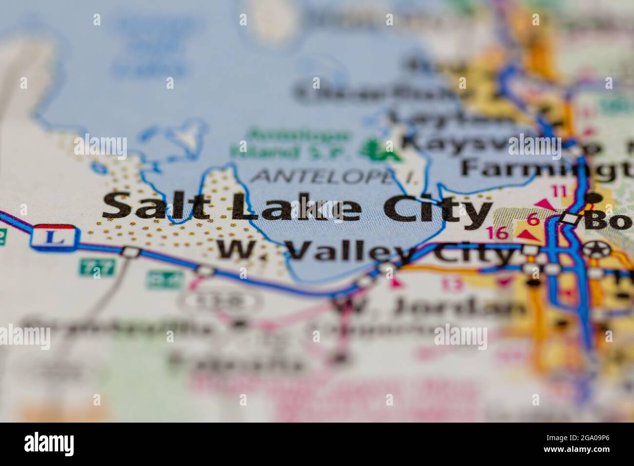 Salt Lake City Utah USA su una mappa stradale o su una mappa geografica Foto Stock