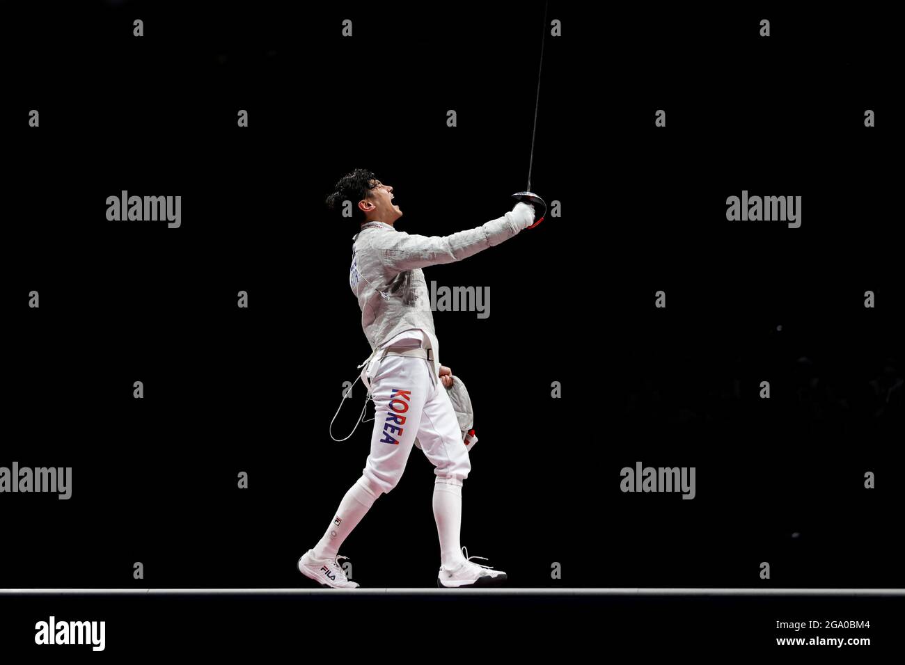 Chiba, Giappone. 28 luglio 2021. Recinzione: Olympia, 1130: Sabre squadra, uomini, finale. Kim Junho dalla Corea brama per l'oro. Credit: Oliver Weiken/dpa/Alamy Live News Foto Stock