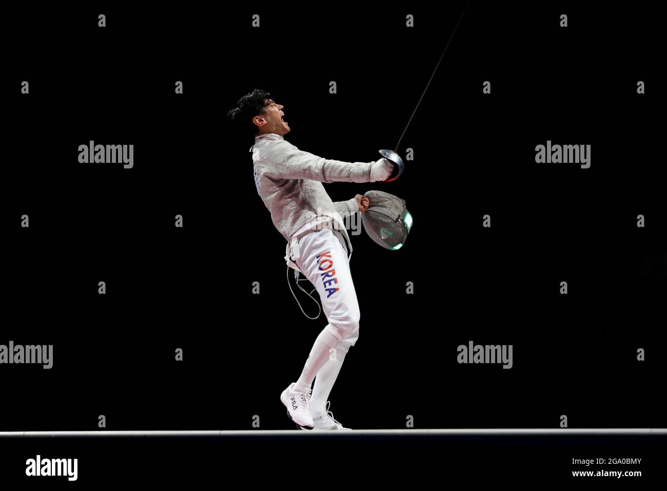 Chiba, Giappone. 28 luglio 2021. Recinzione: Olympia, 1130: Sabre squadra, uomini, finale. Kim Junho dalla Corea brama per l'oro. Credit: Oliver Weiken/dpa/Alamy Live News Foto Stock