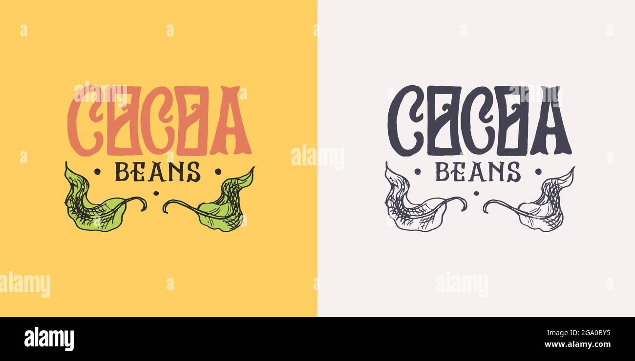 Foglie di cacao. Badge o logo vintage per t-shirt, tipografia, negozio o cartelloni. Schizzo inciso disegnato a mano. Illustrazione vettoriale. Illustrazione Vettoriale