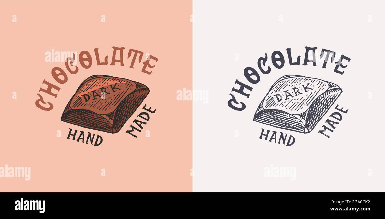Barretta di cioccolato. Badge o logo vintage per t-shirt, tipografia, negozio o cartelloni. Schizzo inciso disegnato a mano. Illustrazione vettoriale. Illustrazione Vettoriale