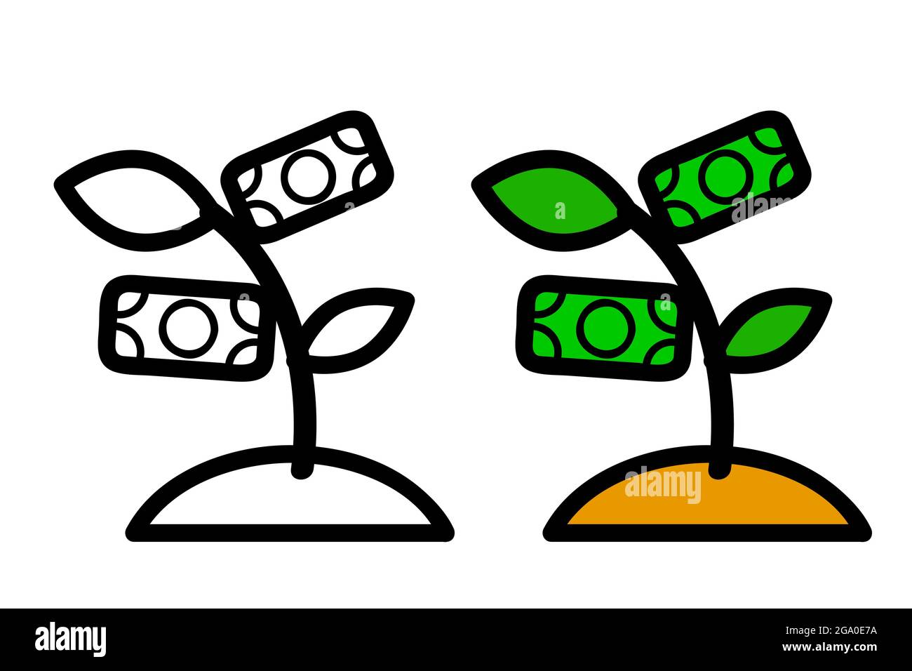 Icona Simple Vector, pianta piccola, che rappresenta l'investimento di crescita con carta moneta Illustrazione Vettoriale