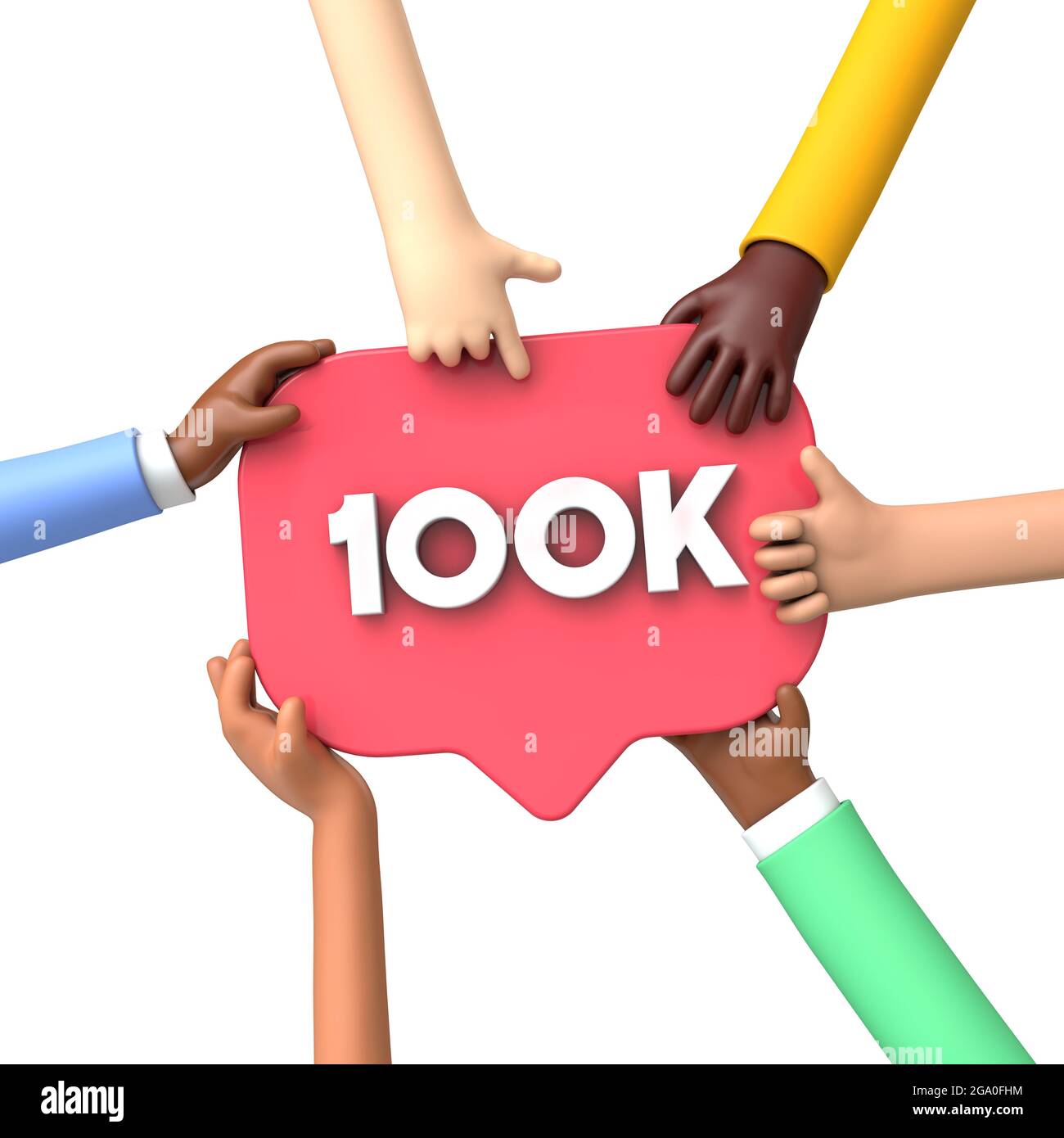 Mani che tengono un'etichetta banner di 100.000 follower dei social media. Rendering 3D Foto Stock